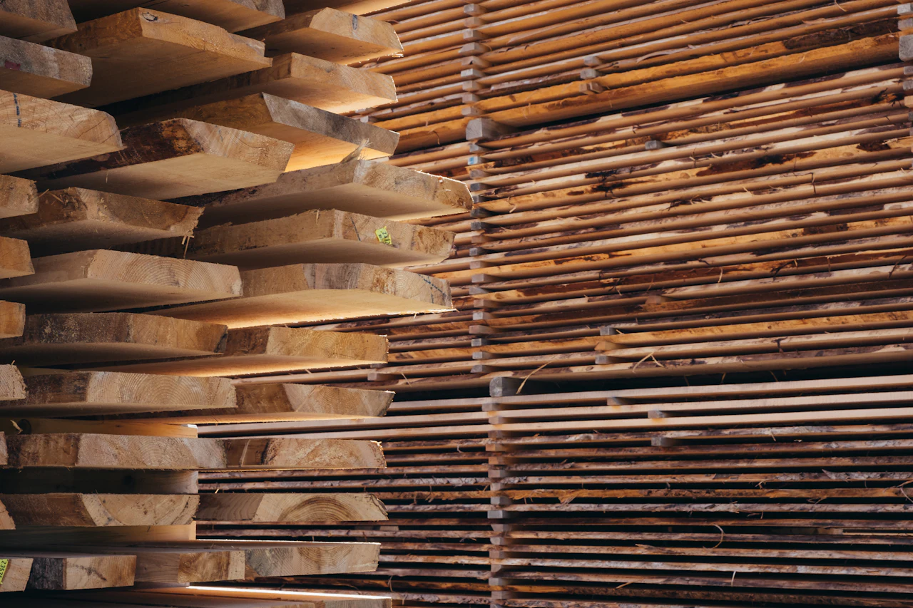 Sawn boards stacked to dry in a lumber yard
